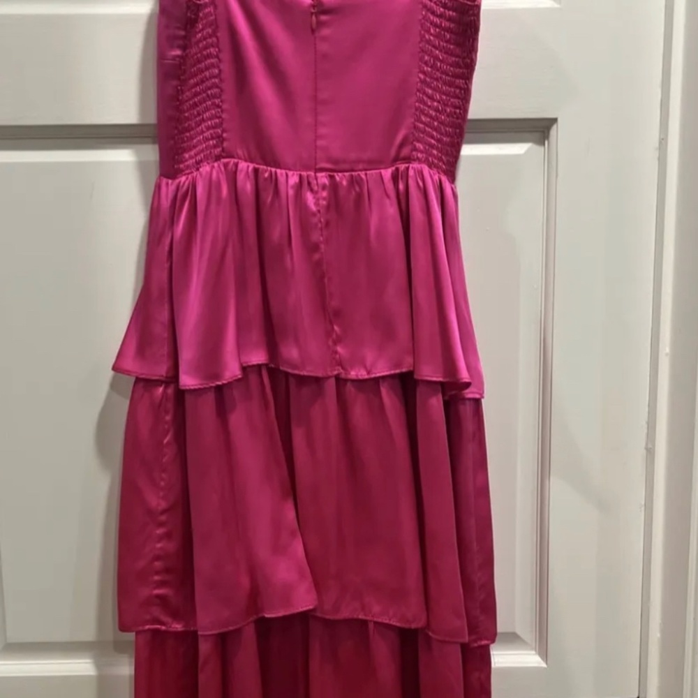 Amanda Uprichard Rosalia Hot Pink Silk MIDI Tiered Dress Women’s Small $369